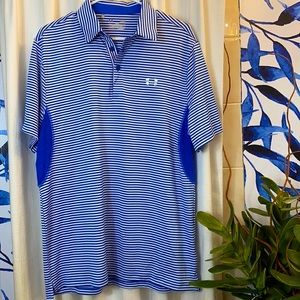 Men’s Blue and White Stripe Under Armour Heat Gear Loose Fit Athletic Polo